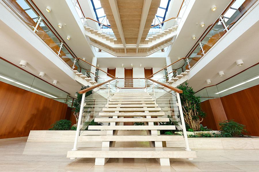 Eine moderne Treppe aus Holz und Glas führt in einen hellen Innenraum mit mehreren Etagen. Die Wände sind warmbraun, und es gibt Pflanzen im Raum. Oberlichter lassen natürliches Licht herein.