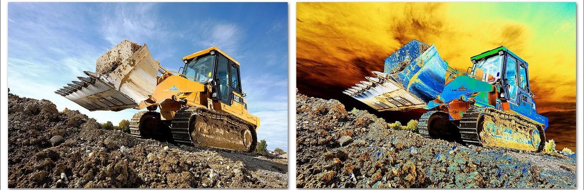 Ein Bagger hebt Erde auf einer Baustelle. Links ist das Bild in natürlichen Farben, rechts in intensiven, unrealistischen Farbtönen. Der Bagger ist robust und sieht in beiden Bildern ähnlich aus, während der Hintergrund unterschiedliche Himmel zeigt.