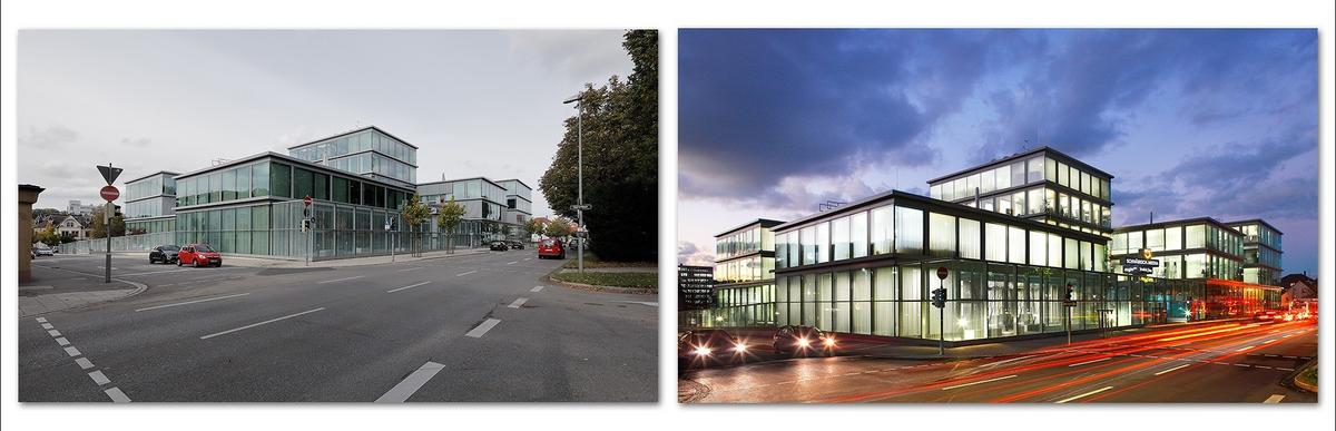 Zwei Ansichten eines modernen Glasgebäudes, einmal tagsüber mit bewölktem Himmel und einmal abends mit beleuchtetem Äußeren und dramatischem Himmel. Das Gebäude hat eine klare, geometrische Form und ist von einer Straße umgeben.