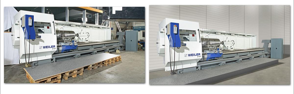 Zwei Ansichten einer großen Maschinenbearbeitungsanlage, die auf einem stabilen Untergrund steht. Die Maschine hat ein geclöntes Design mit einem blauen Bedienfeld und verschiedenen Steuerungen. Der Hintergrund zeigt eine Werkstattumgebung mit neutralen Wänden und indirekter Beleuchtung.