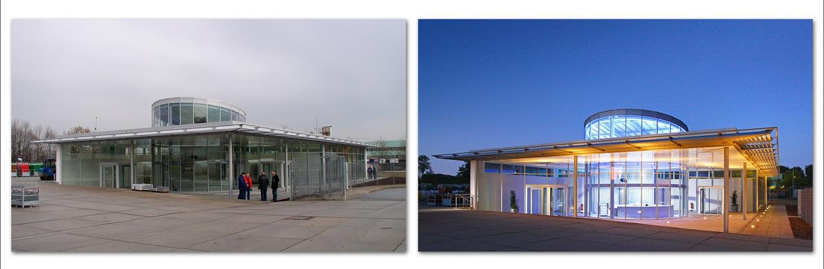 Zwei moderne Gebäude sind nebeneinander abgebildet. Links ist ein transparentes, glasverkleidetes Gebäude bei grauem Wetter mit Menschen davor zu sehen. Rechts zeigt ein ähnliches Gebäude bei Nacht in warmer Beleuchtung, das architektonische Details und eine runde Dachgestaltung aufweist.