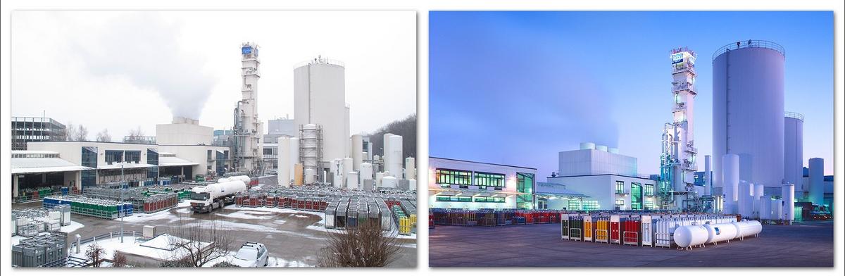 Zwei Industrielandschaften nebeneinander. Links eine Fabrik mit Schnee und rauchenden Schornsteinen. Rechts eine modernere Anlage bei Dämmerung, erleuchtet durch künstliches Licht, mit großen Lagertanks und verschiedenen Behältern im Vordergrund.