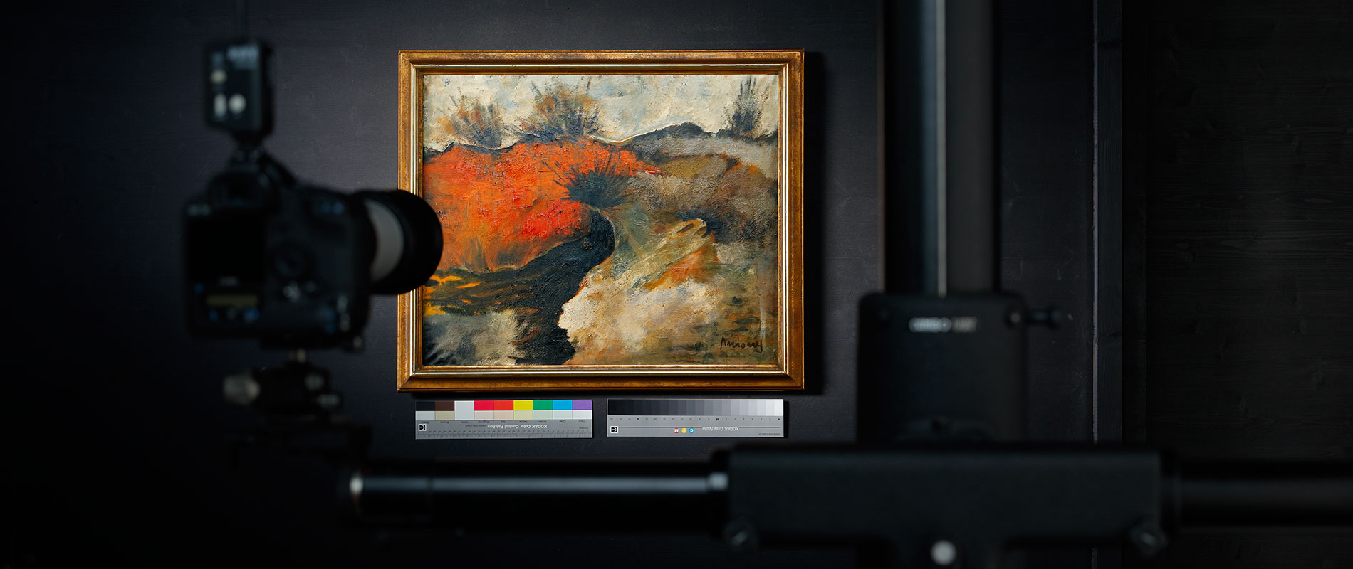 Ein Gemälde mit kräftigen roten und grauen Farbtönen ist in einem Rahmen an einer Wand zu sehen. Im Vordergrund steht eine Kamera auf einem Stativ, die auf das Kunstwerk gerichtet ist. Daneben befinden sich Farbmuster und Informationen zur Darstellung.