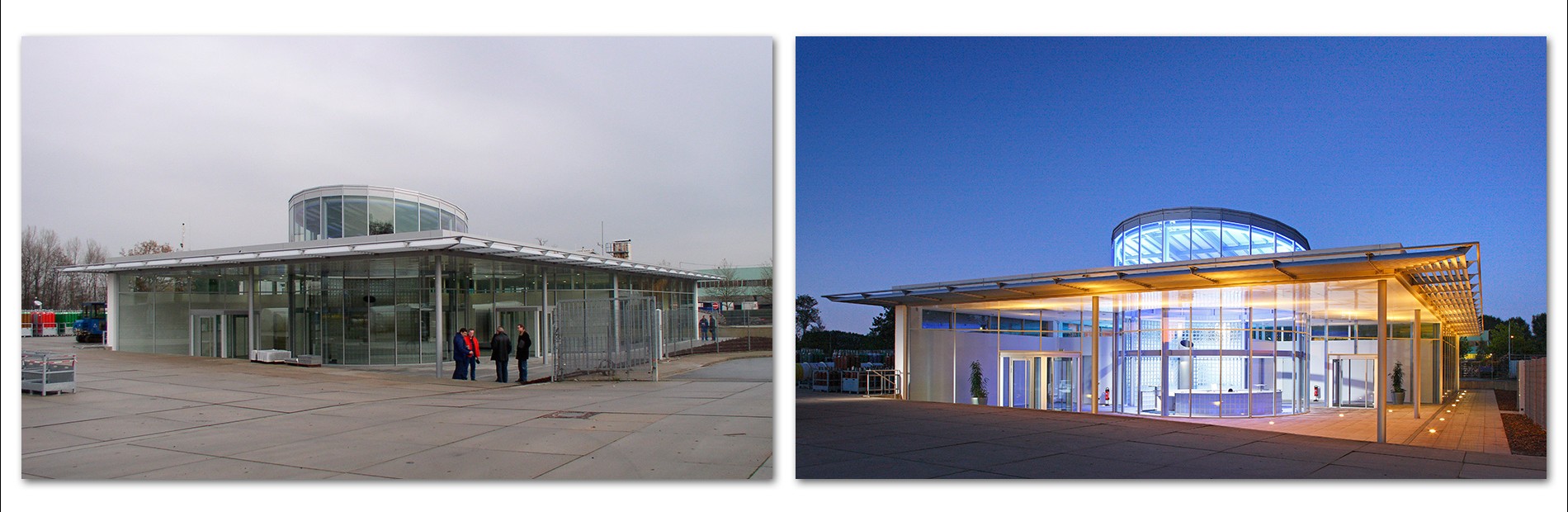 Zwei moderne Gebäude sind nebeneinander abgebildet. Links ist ein transparentes, glasverkleidetes Gebäude bei grauem Wetter mit Menschen davor zu sehen. Rechts zeigt ein ähnliches Gebäude bei Nacht in warmer Beleuchtung, das architektonische Details und eine runde Dachgestaltung aufweist.