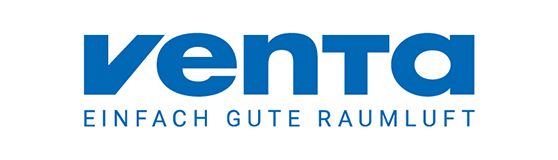 Logo von Venta mit dem Slogan "Einfach gute Raumluft" in blauer Schrift auf weißem Hintergrund.