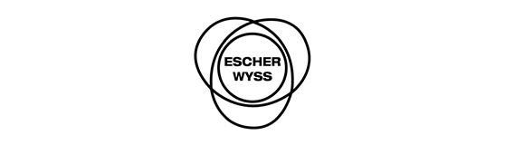 Das Bild zeigt ein Logo mit dem Schriftzug "ESCHER WYSS", eingebettet in zwei überlappende, kreisförmige Linien. Die Gestaltung ist schlicht und in schwarzer Farbe gehalten.