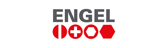 Logo von ENGEL, bestehend aus dem Schriftzug „ENGEL“ in grauer Farbe, gefolgt von verschiedenen Symbolen in Rot: einem Kreis, einem Pluszeichen, einem Achteck und einem Sechseck.